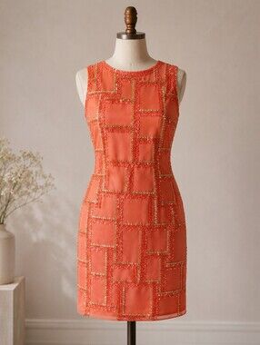NWT Shail K Couture Handmade Beaded Sequin Dress 0 Coral Luxury Evening Rare